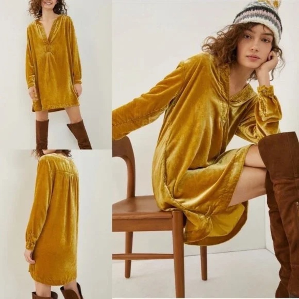 ANTHROPOLOGIE Melody Velvet Gold Tunic Dress S